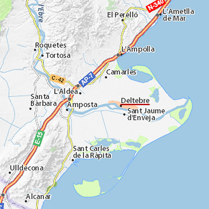 Carte du Delta de l'Ebre, Deltebre au centre pour un accès rapide à tout le Delta, Groom service Delta de l'Ebre